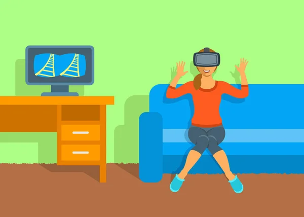 Žena ve virtuální realitě brýle Vr box doma — Stockový vektor
