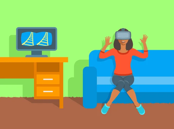 Donna africana in occhiali realtà virtuale a casa — Vettoriale Stock