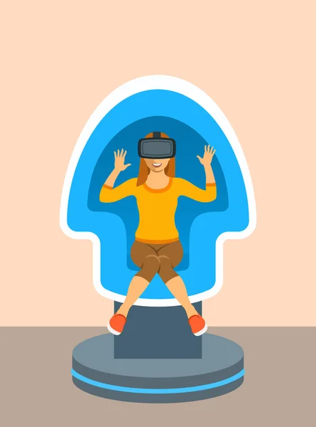 Femme avec des lunettes de réalité virtuelle dans le simulateur de chaise — Image vectorielle