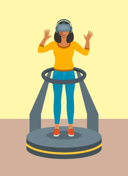 Oyun kumandası platform üzerinde sanal gerçeklik gözlüklü kadın — Stok Vektör