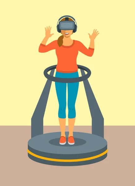 ゲーム コント ローラーのプラットフォームで仮想現実の眼鏡を持つ女性 — ストックベクタ