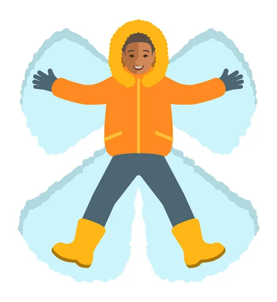 Αγόρι αφρικανικό στα ρούχα χειμώνα κάνει έναν άγγελο χιονιού — Διανυσματικό Αρχείο