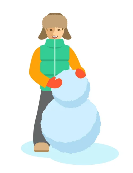Muchacho haciendo muñeco de nieve plana vector ilustración — Vector de stock
