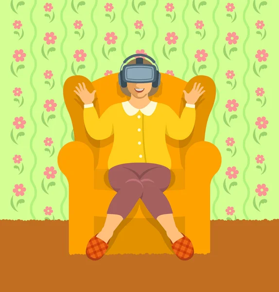 Vieille femme portant des lunettes de réalité virtuelle à la maison — Image vectorielle