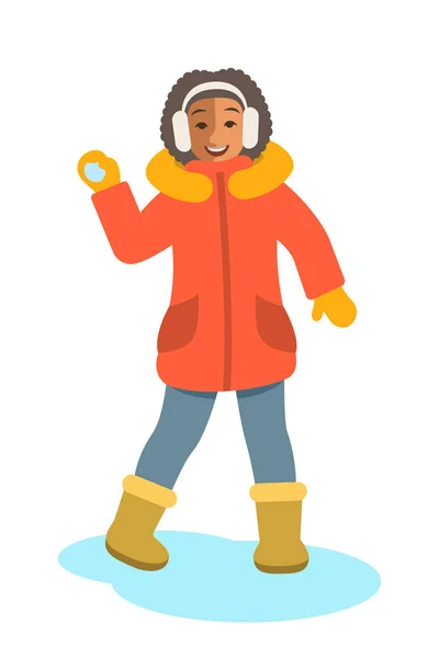 Αφρικής κορίτσι με χειμωνιάτικα ρούχα ρίψη χιονοστιβάδας — Διανυσματικό Αρχείο