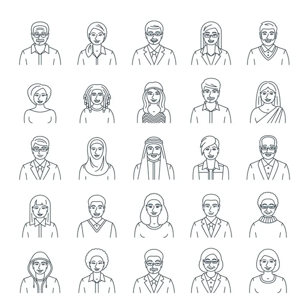Mensen gezichten avatars plat dunne lijn vector iconen — Stockvector
