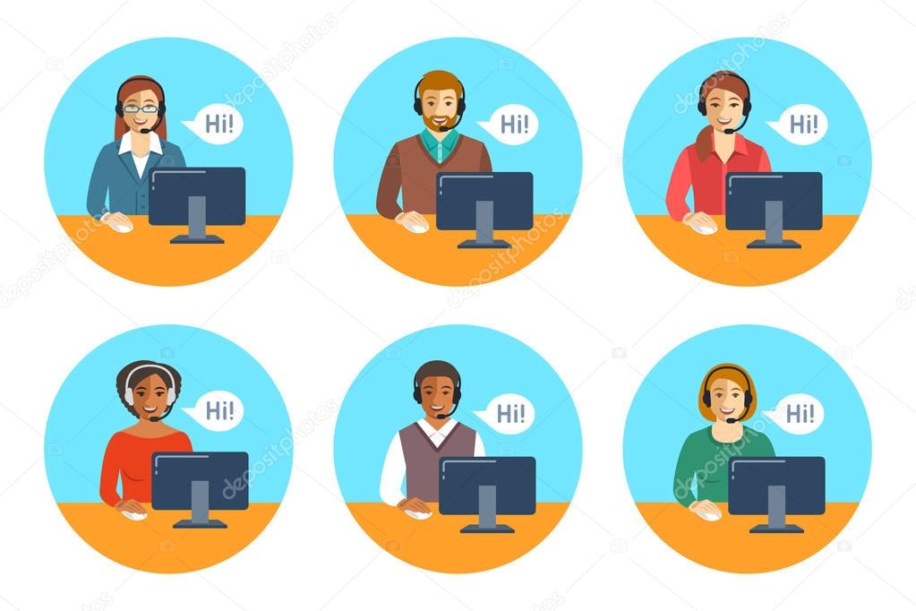 Call center agents team at desks flat icons