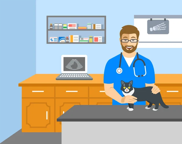 Médico veterinario sostiene gato en mesa de examen — Vector de stock