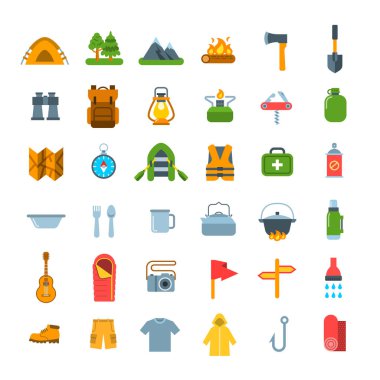 Turizm yaz kamp düz simgeler vektör