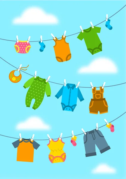 Vêtements pour bébés suspendus à des cordes avec des pinces à linge — Image vectorielle