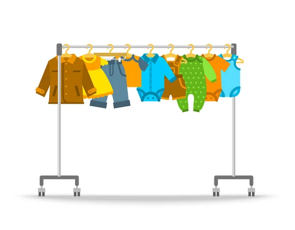 Babykläder på galge rack platt illustration — Stock vektor