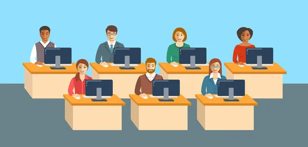 Les gens d'affaires assis à des tables dans un bureau — Image vectorielle
