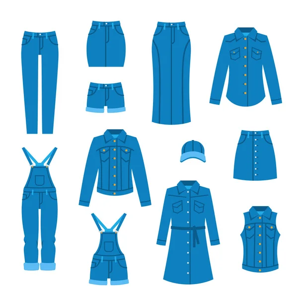 Vestiti in denim icone piatte — Vettoriale Stock