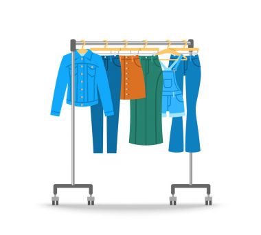 Women jeans clothes hanging on hanger rack clipart