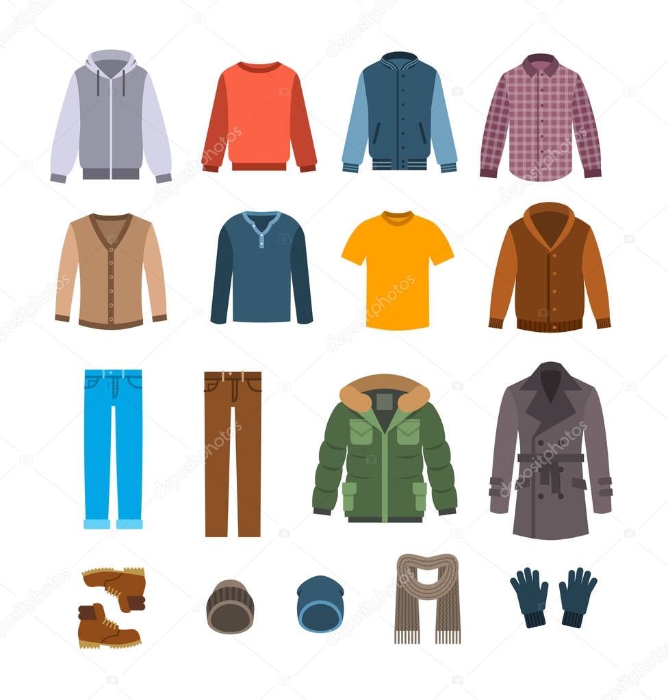 Warm casual clothes for men vector icons