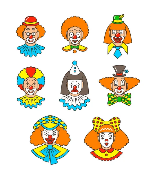 Clown fait face à différentes avatars colorés de ligne mince — Image vectorielle