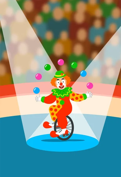 Clown de cirque jonglant avec les balles sur le monocycle sur l'arène — Image vectorielle