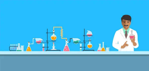 Químico indiano em laboratório químico vetor fundo —  Vetores de Stock