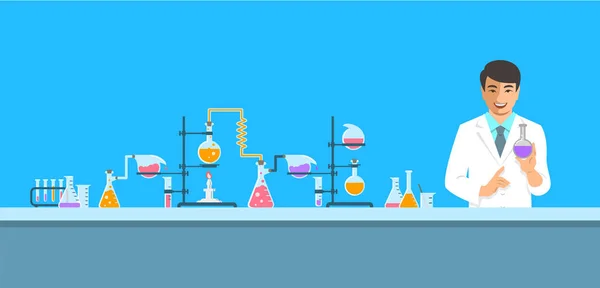 Azjatycka chemik w laboratorium chemiczne — Wektor stockowy