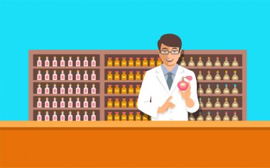 Parfümcü şişe ile yeni aroma vektör bayrak tutan