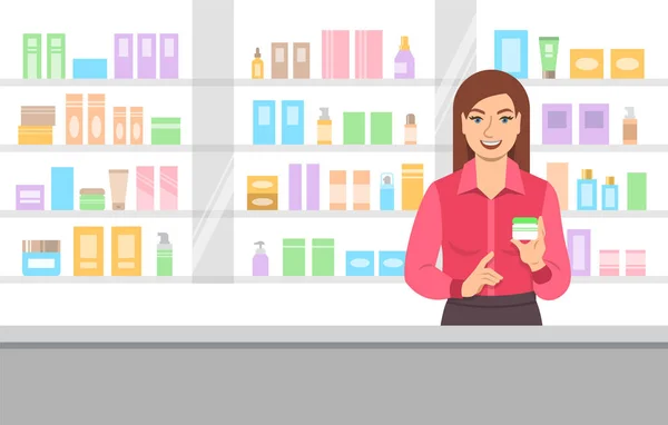 Cosmetic seller offering face cream in beauty shop — Stock Vector