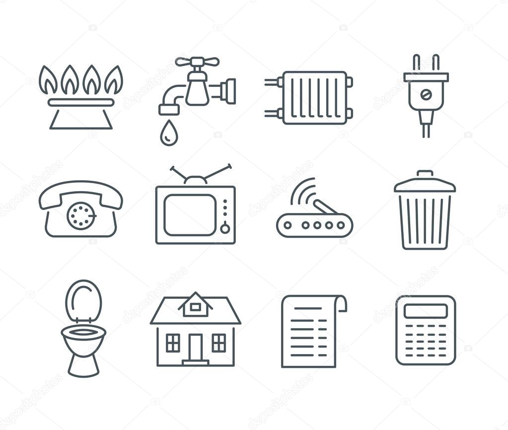 Household services utility payment bill line icons