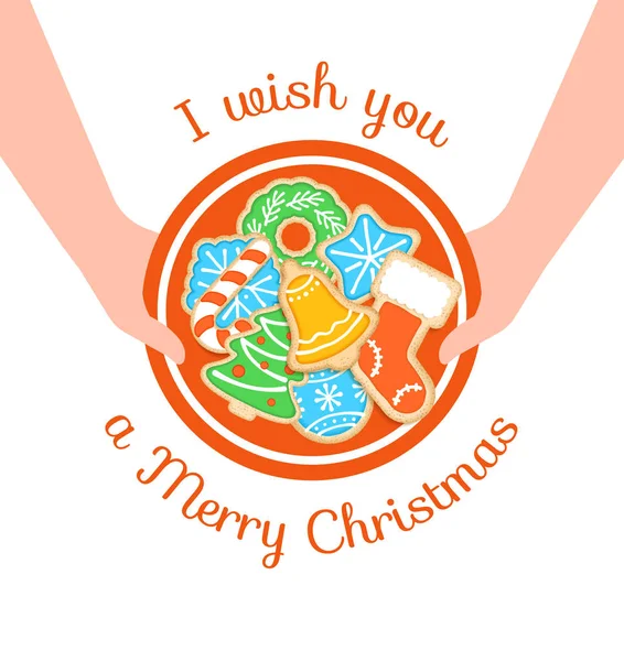 Χαρούμενα Χριστούγεννα χαιρετισμό με μελόψωμο cookies — Διανυσματικό Αρχείο