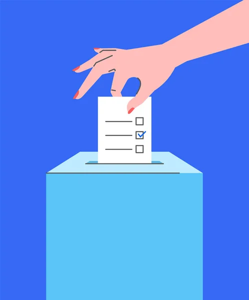 Concepto de votación con la mano poniendo la papeleta en caja — Vector de stock