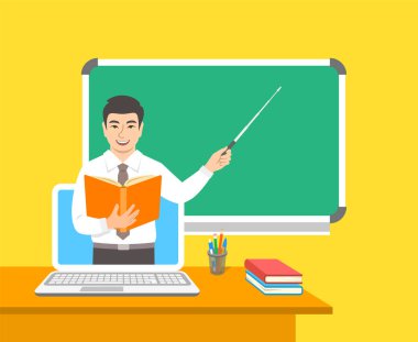 Çevrimiçi eğitim kavramı. Karantina sırasında evde eğitim. Bilgisayarla uzaktan öğrenme. Sanal sınıftaki Asyalı erkek öğretmen açık bir kitap tutuyor ve tahtaya işaret ediyor. Çizgi film vektör illüstrasyonu