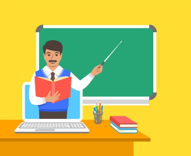 Çevrimiçi eğitim kavramı. Karantina sırasında evde eğitim. Bilgisayarla uzaktan öğrenme. Sanal sınıftaki Hintli erkek öğretmen açık bir kitap tutuyor ve tahtaya işaret ediyor. Çizgi film vektör illüstrasyonu