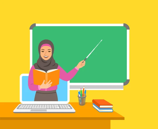 Online Education Concept Home Education Quarantine Distance Learning Computer Muslim — Stock Vector
