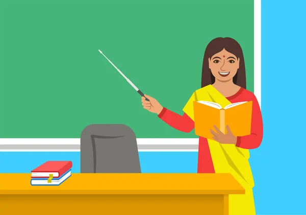 Indian Woman Teacher Sari Standing Open Book Pointer Blackboard Classroom — Stock Vector