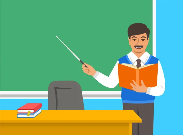 Indian Man Teacher Standing Open Book Pointer Blackboard Classroom School — Stock Vector