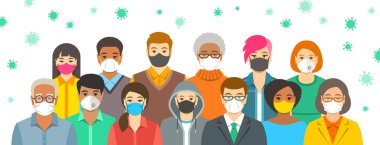 Koruyucu tıbbi maske takan bir grup insan. Koronavirüs yayılımı insandan insana önleme. Kovid-19 enfeksiyonunu önlemek için solunum cihazı takıyor. Koronavirüs salgını. Küresel Karantina