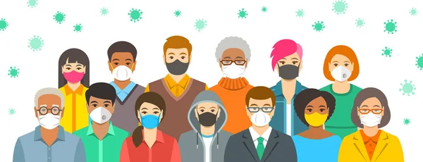 一群戴防护口罩的人 头孢病毒从一个人传染给另一个人戴着呼吸口罩以防止Covid 19感染 科罗纳威斯大流行病全球检疫 — 图库矢量图片
