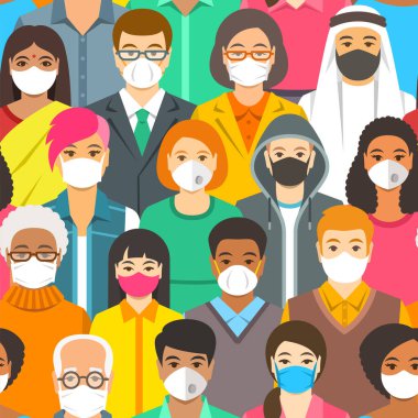 Koruyucu tıbbi yüz maskesi takmış bir sürü insan. Koronavirüs yayılımı insandan insana önleme. Kovid-19 enfeksiyonunu önlemek için solunum cihazı takıyor. Koronavirüs salgını. Küresel Karantina