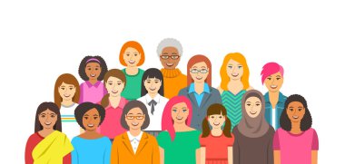 Bir grup kadın. Farklı etnik kökenden, yaştan ve ırktan mutlu kadın yüzleri. Yatay düz pankart. Kız gücü ve birliktelik kavramı. Kadın hakları için feminist hareket