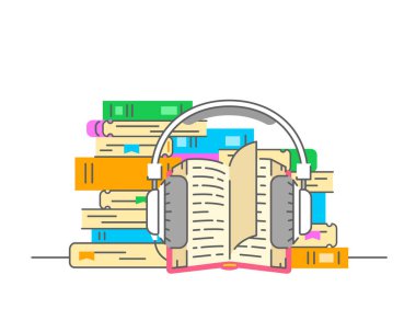 Audiobook konsepti. Düz ince çizgi vektör çizimi. Üstünde açık kitap ve kulaklık olan bir yığın kitap. Elektronik kitap metaforu. E- kitapları dinlemek için çevrimiçi kütüphane