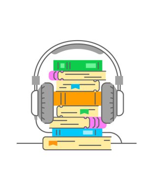 Audiobook konsepti. Düz ince çizgi vektör çizimi. Üstünde kulaklık olan bir yığın kitap. Elektronik kitap metaforu. Çevrimiçi kitapçı logosu ögesi