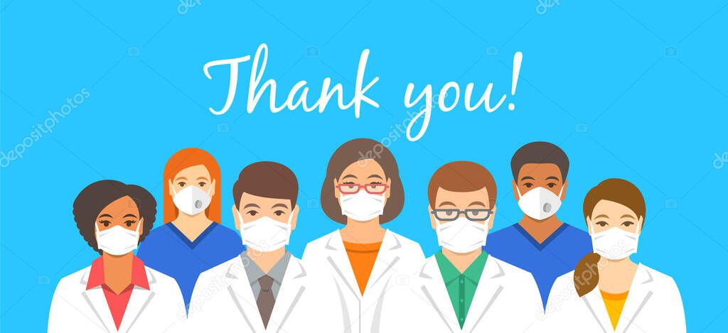 Doctors team in protective face masks with thank you inscription. Appreciation for hospital staff fighting the spread of coronavirus. Personnel of medical clinic, physicians and nurses stand together