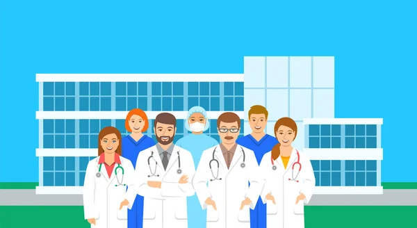 Equipo Médicos Enfermeras Encuentra Edificio Del Hospital Diferentes Poses Ilustración — Vector de stock