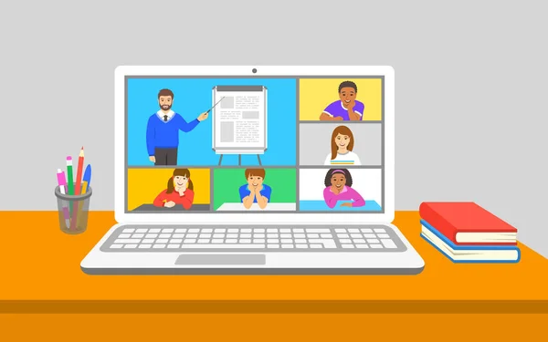 Edukacja Online Wirtualnej Klasy Telekonferencji Dzieci Siedzą Domu Patrzą Jak — Wektor stockowy