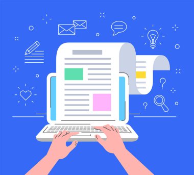 Modern blog düz çizgi konsepti. Blogcu bilgisayar kullanarak yeni bir blog yazıyor. Metin yazarı web sayfası için yeni bir makale oluşturdu. Web sitesi içeriği oluşturulması. Bağımsız yazar bilgileri paylaşır