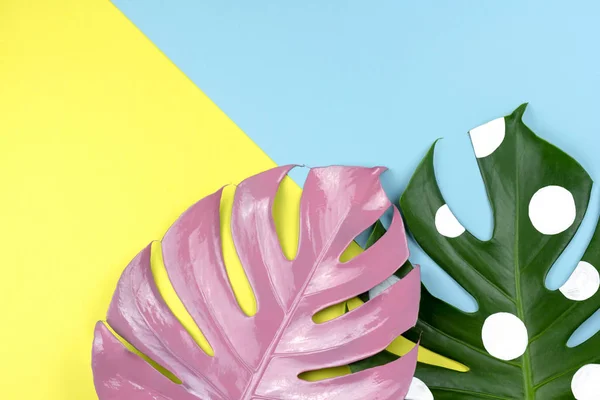 Pastel pembe ve beyaz benekli yaprakları renkli arkaplanda ikiye böldü