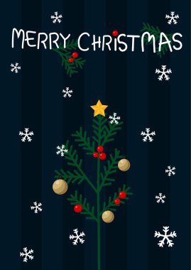 Çam ağacı, yıldız şekli, süsleri ve kar tanesiyle süslenmiş Mutlu Noeller kartı