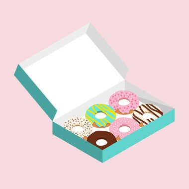 Turkuaz yeşil karton kutuda tatlı çörekler, pastel pembe arka planda.