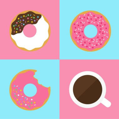 Çilekli ve çikolatalı donutlar, gökkuşağı şekerli simli ve sıcak kahveli.