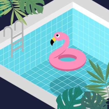 Flamingo yaşam yüzüğü mavi yüzme havuzunda yüzüyor.