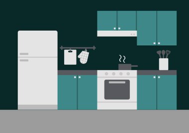 Turkuaz yeşil temalı mutfak ve yemek malzemeleri.