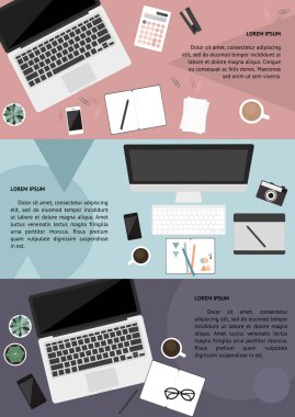 Pastel pembe mavi üzerine farklı minimal çalışma alanı afişleri.